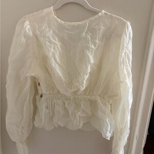 Amazon Women's Cream Sheer Ruffled Long-Sleeve Blouse